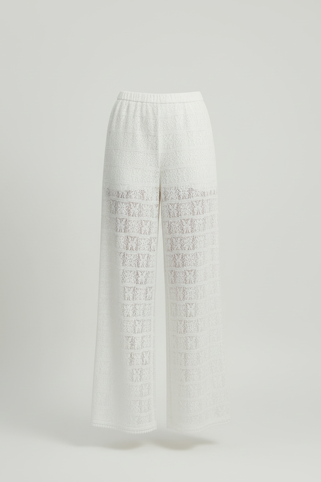 Pantalon Blanc Brodé Ample Translucide Fluide Élégant - Polyester - vue 3