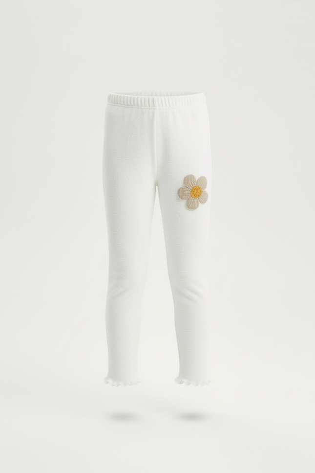 Pantalon Blanc Legging Fille Fleur Scallopé Mignon - Molleton - vue 3
