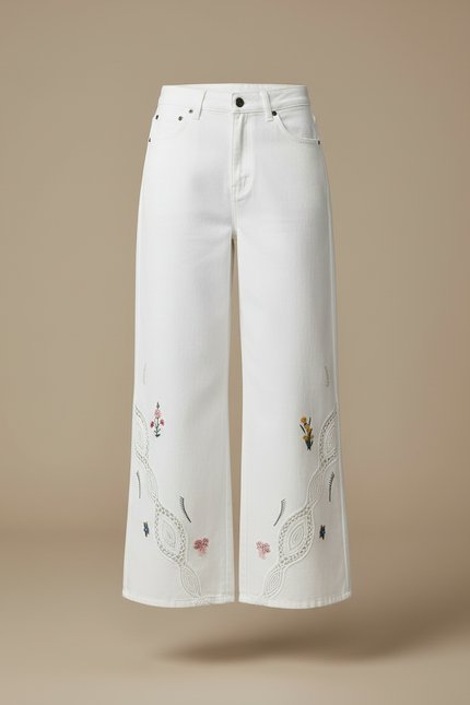 Pantalon Blanc Brodé Ajouré Large Évasé Élégant - Jean - vue 3