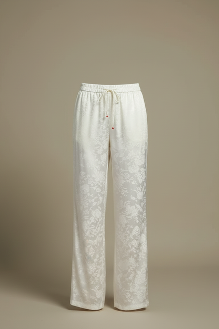 Pantalon Blanc Satin Jacquard Palazzo Élégant Fluide - vue 3