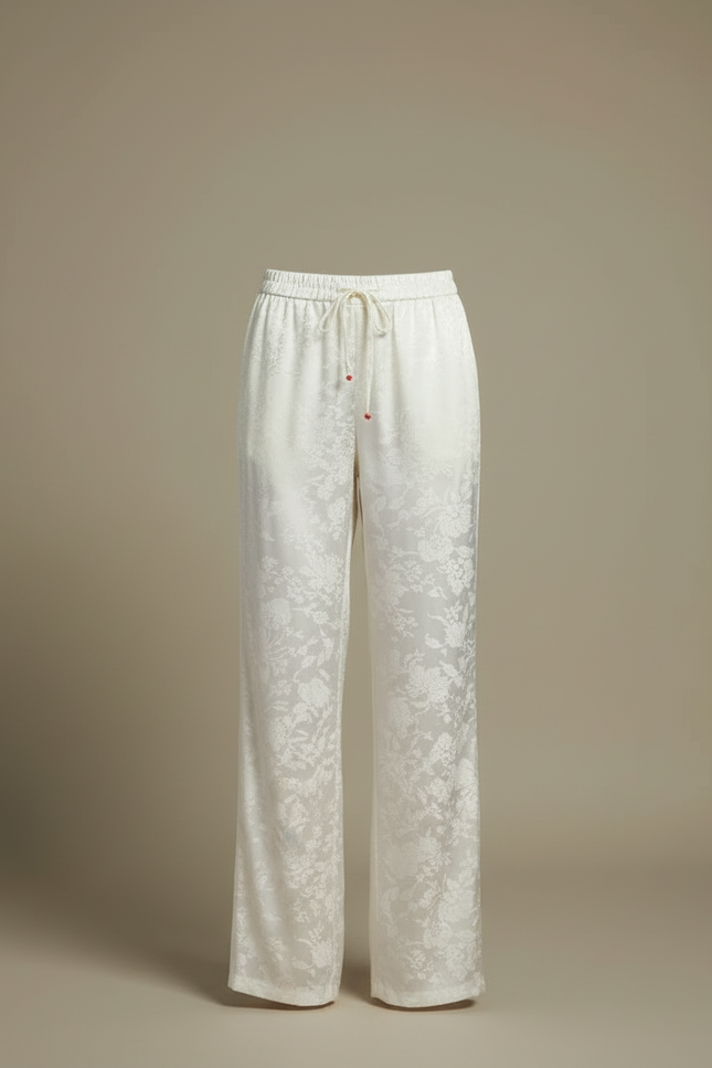 Pantalon Blanc Satin Jacquard Palazzo Élégant Fluide - vue 3