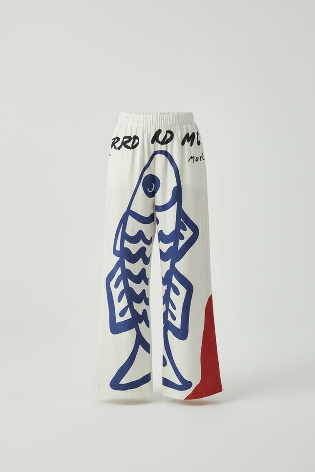 Pantalon Large Bleu Et Blanc - Multicolore Lin - vue 3