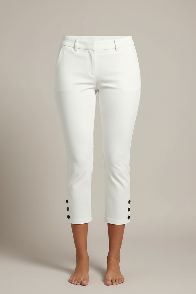 Pantalon Blanc Capri Stretch Boutonné Décontracté Femme - Coton - vue 3