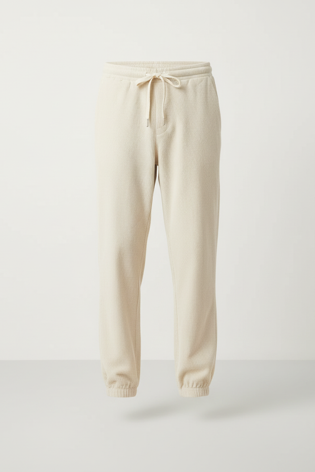 Pantalon Blanc Côtelé Décontracté Ample Homme - Beige Cordé - vue 3