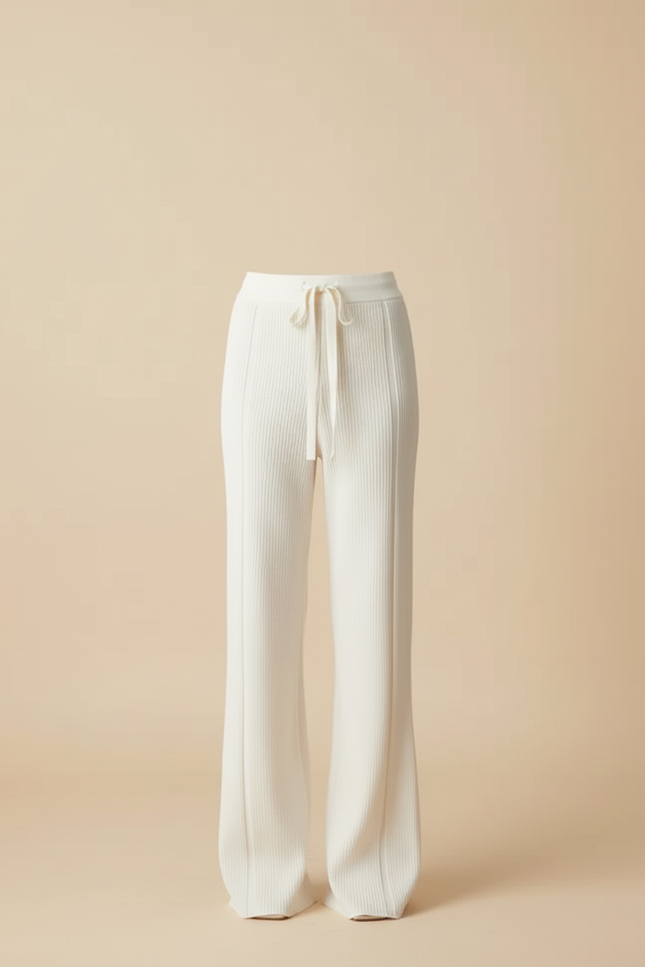 Pantalon Blanc Côtelé Tricoté Fluide Décontracté Femme - Maille - vue 3