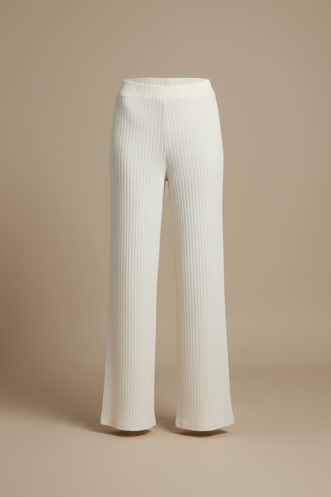 Pantalon Blanc Côtelé Tricoté Droit Élégant Femme - Maille - vue 3
