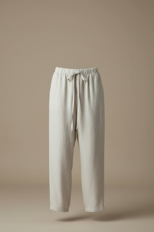 Pantalon Blanc Lin Fluide Ample Décontracté Cordon - Gris - vue 3