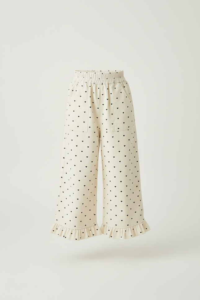Pantalon Blanc Cœur Imprimé Ample Volants Enfant - Beige Coton - vue 3