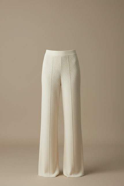 Pantalon Blanc Côtelé Tricoté Évasé Confortable Femme - Beige Maille - vue 3