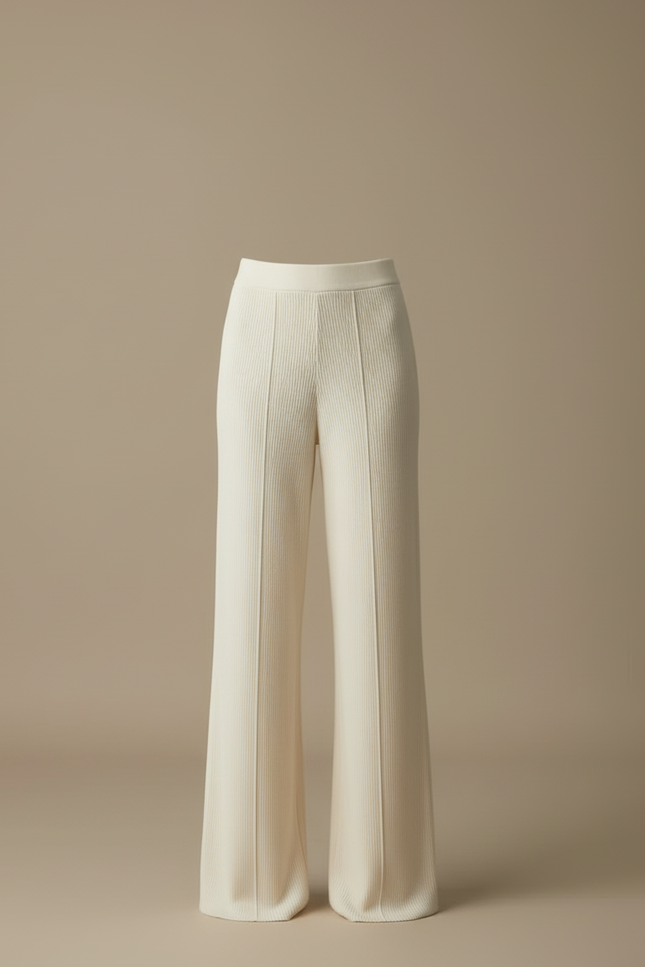 Pantalon Blanc Côtelé Tricoté Évasé Confortable Femme - Beige Maille - vue 3