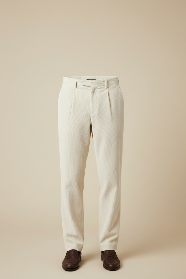 Pantalon Blanc Velours Côtelé Plissé Décontracté Homme - Cordé - vue 3