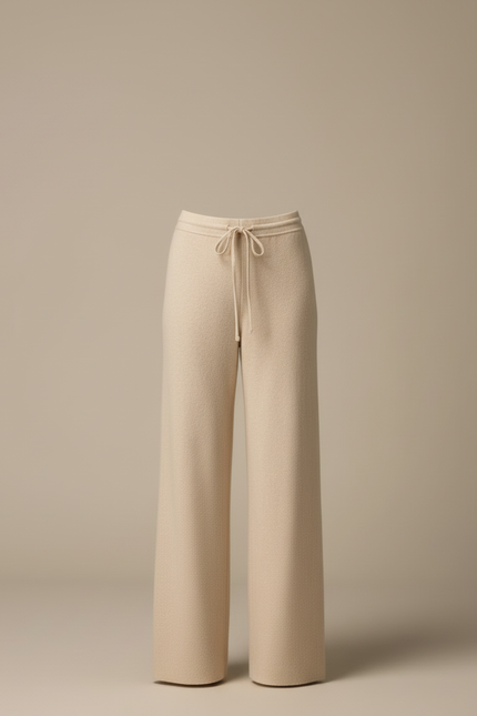 Pantalon Blanc Laine Tricoté Ample Droit Femme - Beige - vue 3