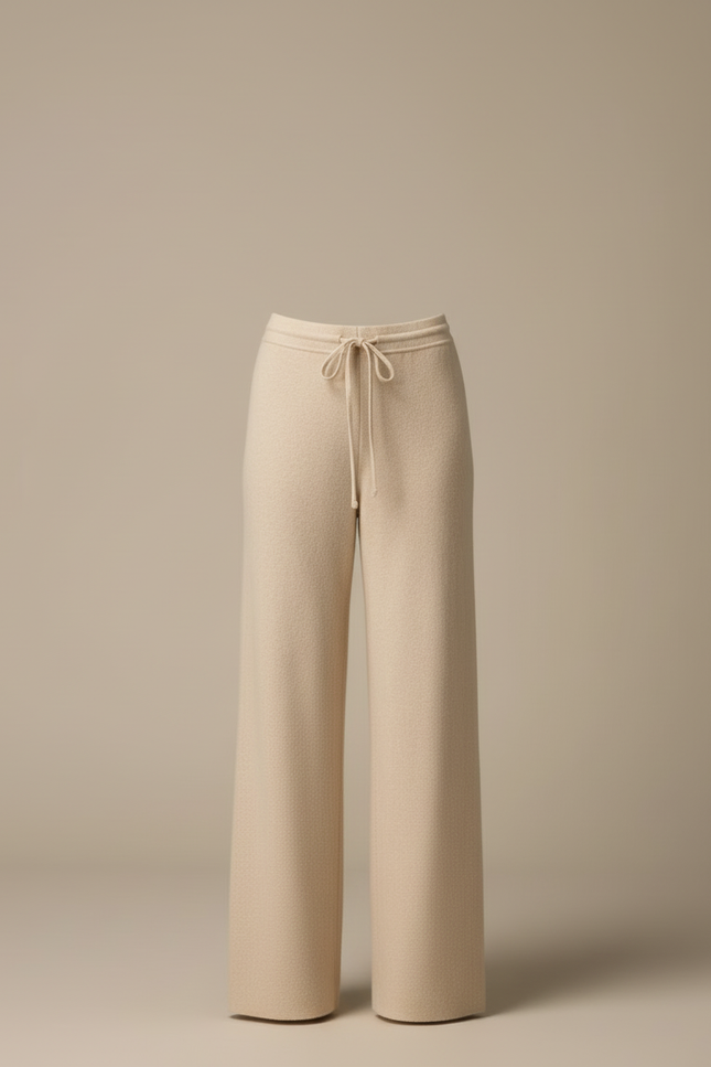 Pantalon Blanc Laine Tricoté Ample Droit Femme - Beige - vue 3