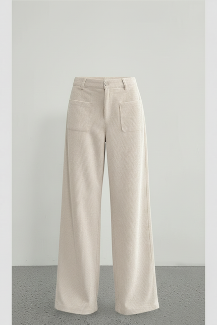 Pantalon Blanc Côtelé Taille Haute Ample Décontracté - Beige Cordé - vue 3