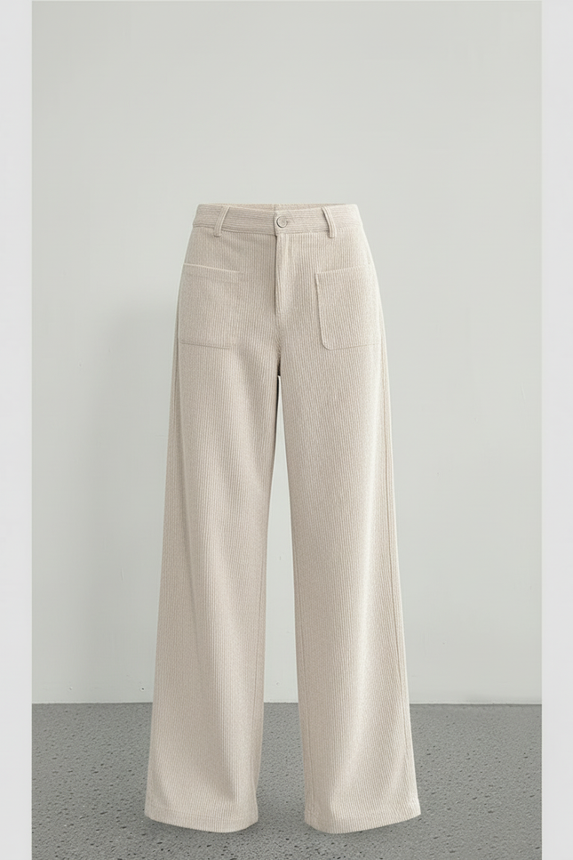 Pantalon Blanc Côtelé Taille Haute Ample Décontracté - Beige Cordé - vue 3