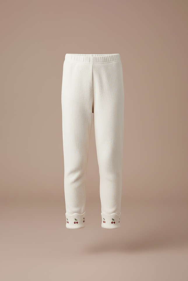 Pantalon Blanc Côtelé Brodé Cerises Enfant Confortable - Beige Maille - vue 3