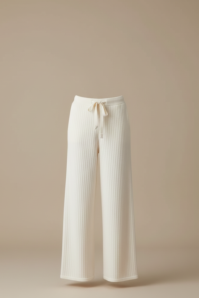 Pantalon Blanc Côtelé Tricoté Ample Décontracté Élégant - Maille - vue 3