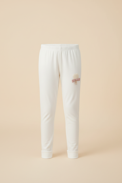 Pantalon Blanc Fille Coton Confortable Brodé Mignon - Molleton - vue 3