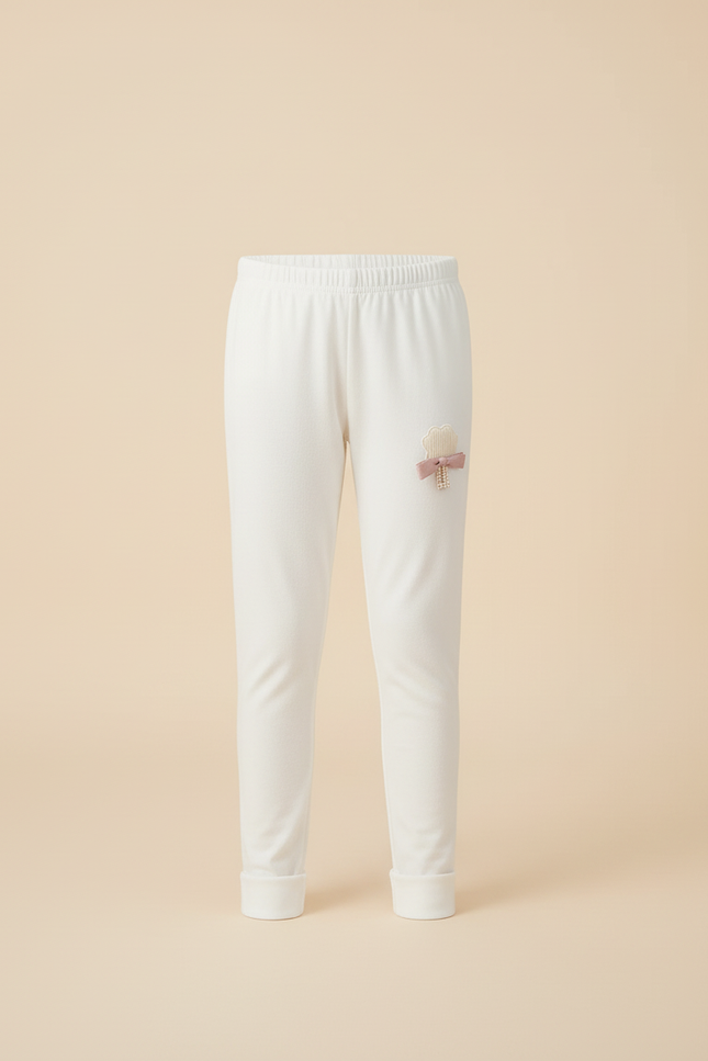 Pantalon Blanc Fille Coton Confortable Brodé Mignon - Molleton - vue 3