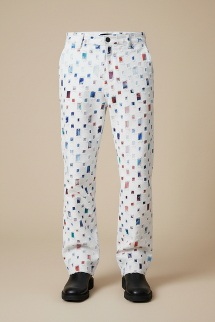 Pantalon Blanc Imprimé Carrés Colorés Denim Ample - Jean - vue 3