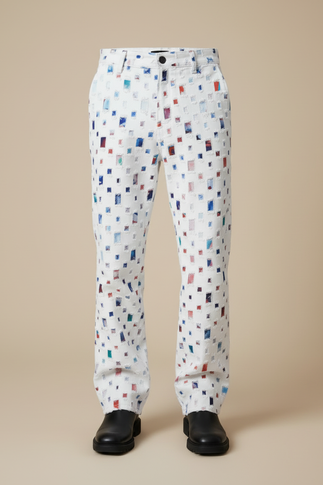 Pantalon Blanc Imprimé Carrés Colorés Denim Ample - Jean - vue 3