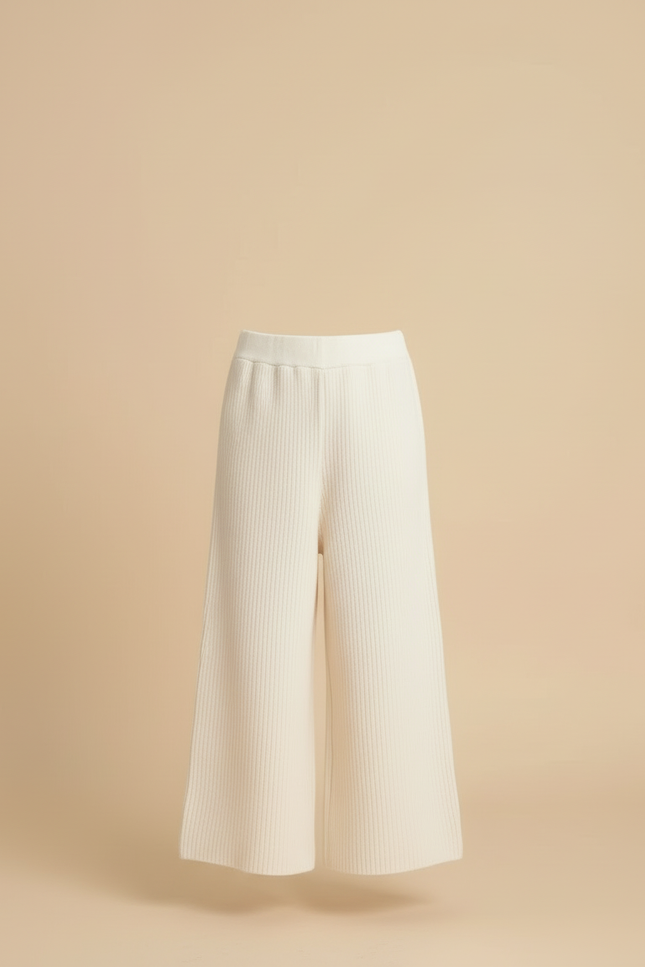 Pantalon Blanc Côtelé Ample Tricoté Fille - Beige Maille - vue 3