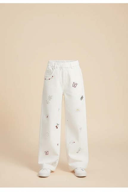 Pantalon Blanc Brodé Ample Décontracté Enfant Fille - Jean - vue 3