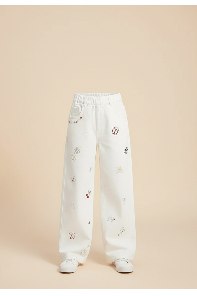 Pantalon Blanc Brodé Ample Décontracté Enfant Fille - Jean - vue 3