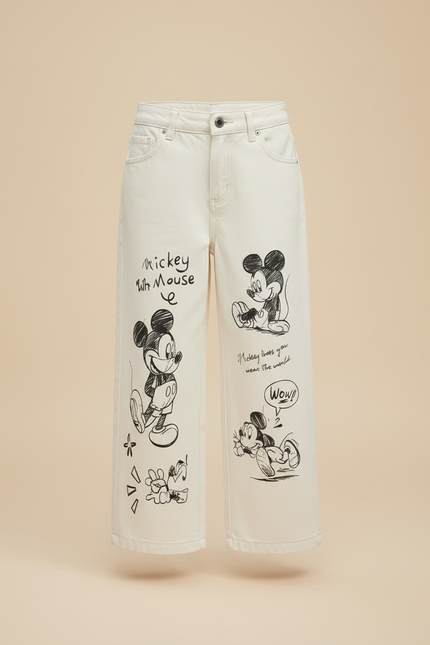 Pantalon Blanc Ample Mickey Décontracté Enfant Coton - Beige Jean - vue 3