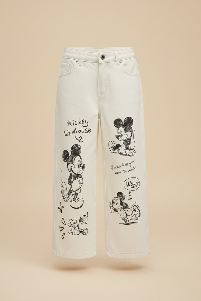 Pantalon Blanc Ample Mickey Décontracté Enfant Coton - Beige Jean - vue 3