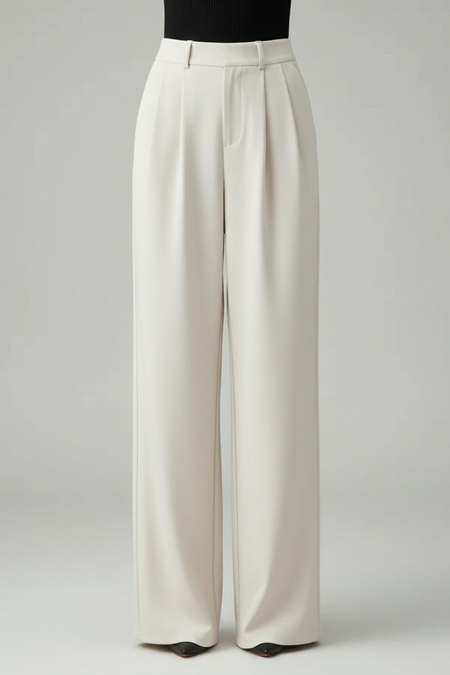 Pantalon Blanc Large Plissé Élégant Femme - Beige Polyester - vue 3