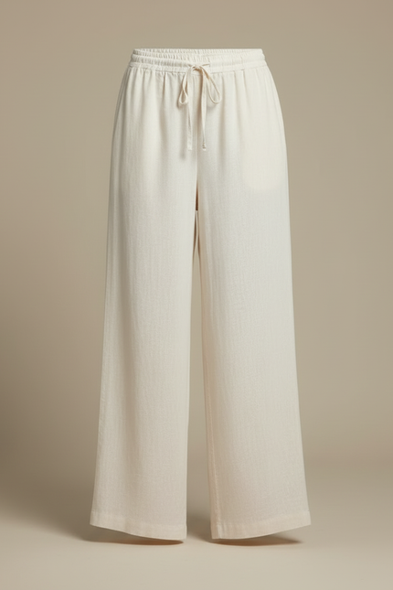 Pantalon Blanc Fluide Ample Cordon Décontracté - Beige Lin - vue 3
