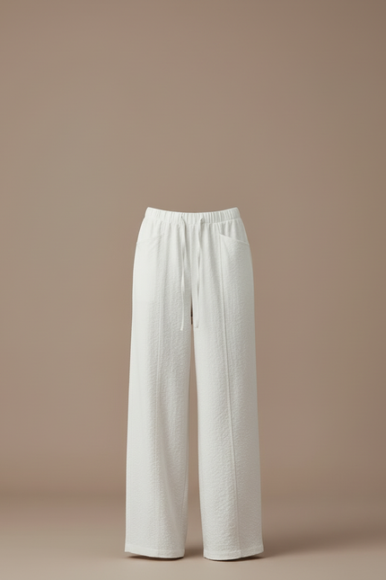 Pantalon Blanc Ample Texturé Drapé Décontracté Élégant - Lin - vue 3