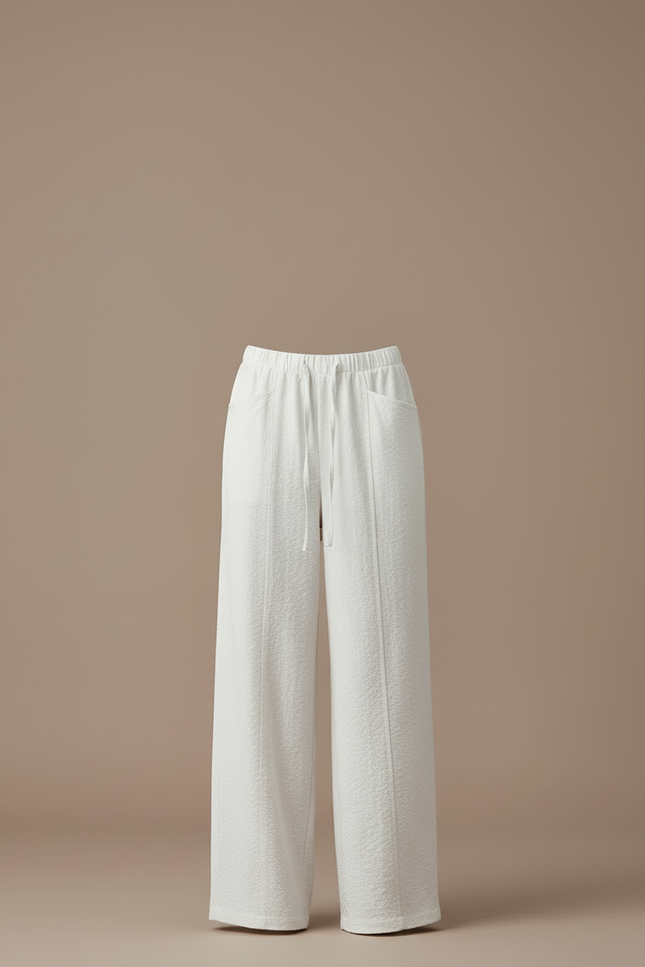 Pantalon Blanc Ample Texturé Drapé Décontracté Élégant - Lin - vue 3