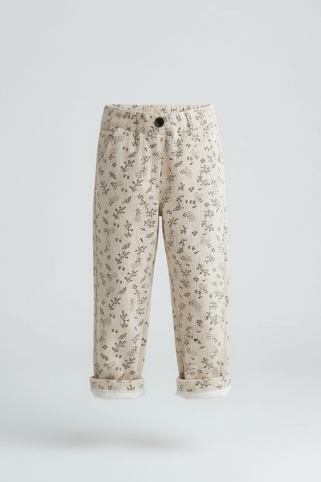 Pantalon Blanc Côtelé Imprimé Floral Doublé Polaire Enfant - Beige Cordé - vue 3