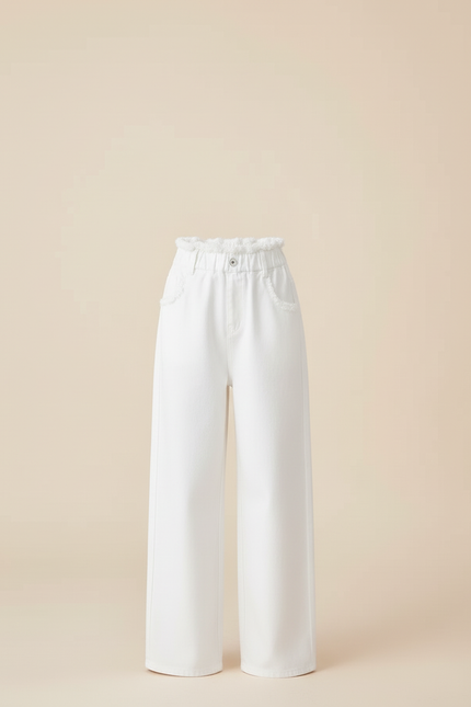Pantalon Blanc Ample Décontracté Taille Haute Fille - Jean - vue 3