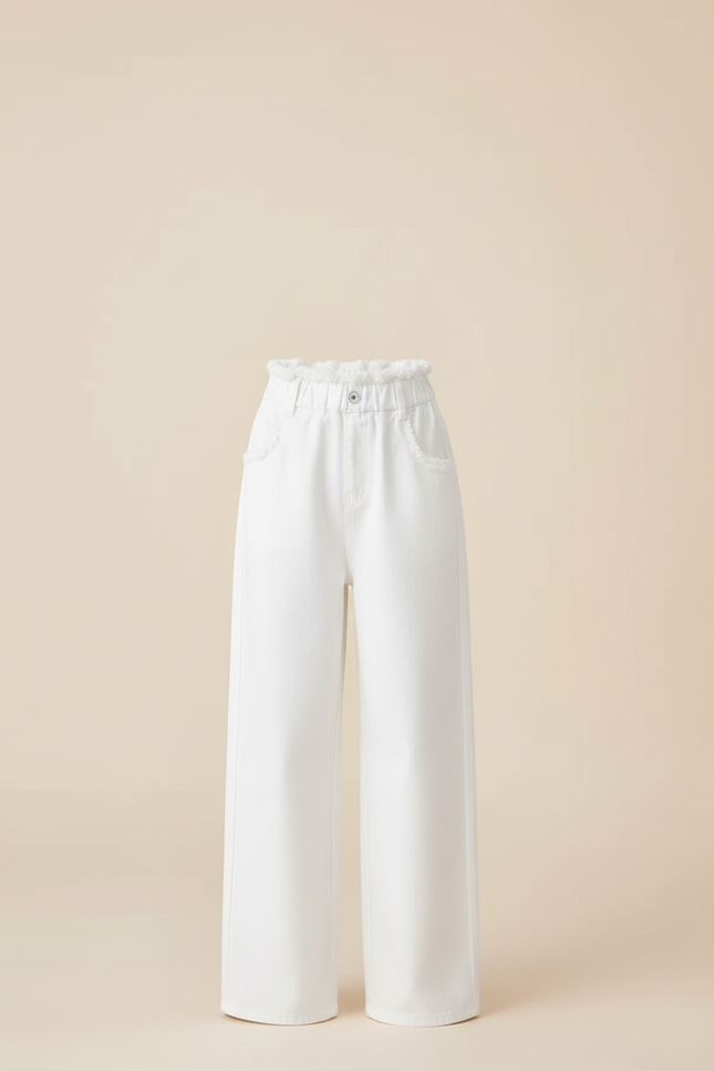 Pantalon Blanc Ample Décontracté Taille Haute Fille - Jean - vue 3