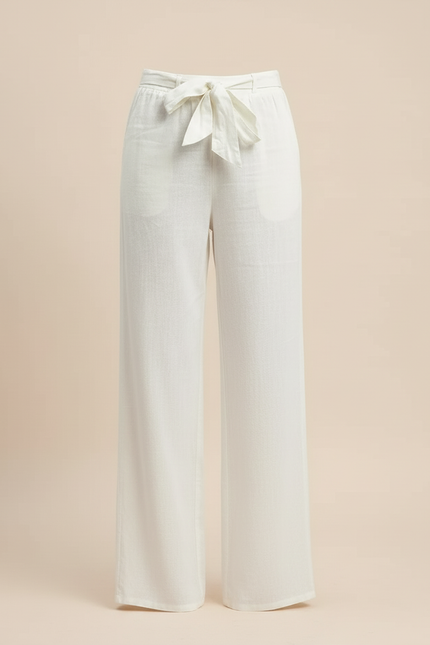 Pantalon Blanc Lin Fluide Ample Décontracté Cordon Femme - vue 3