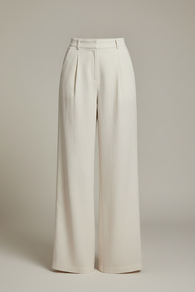 Pantalon Blanc Fluide Lin Ample Taille Haute Décontracté - Beige - vue 3
