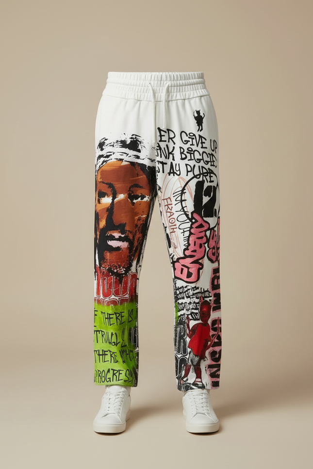 Pantalon Blanc Imprimé Graffiti Ample Décontracté Homme - Molleton - vue 3