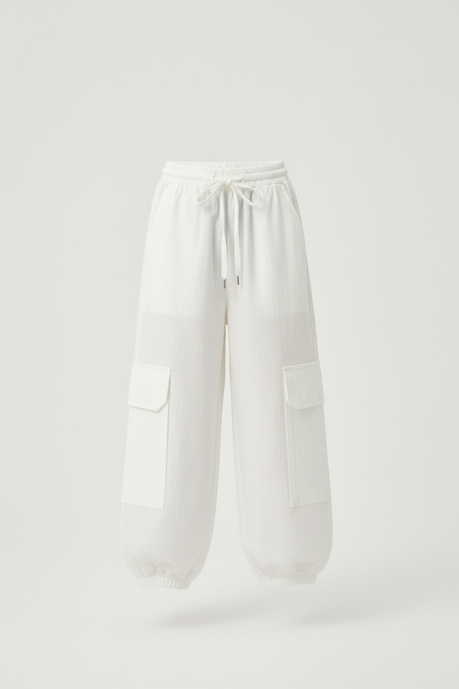 Pantalon Blanc Cargo Ample Fille Taille Haute - Coton - vue 3
