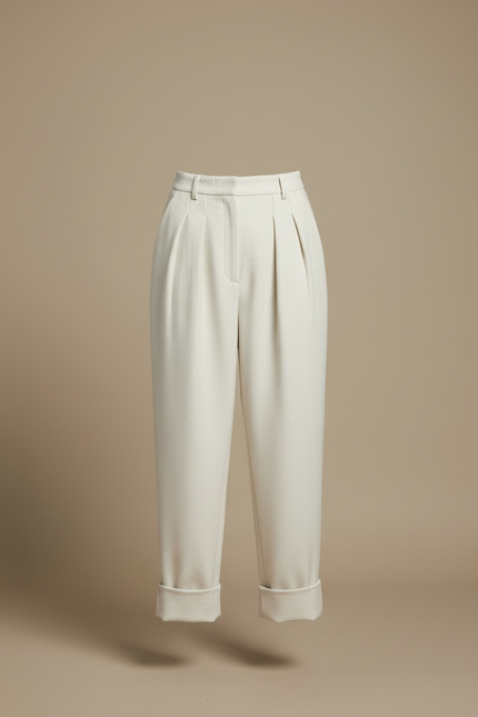 Pantalon Blanc Ample Plissé Laine Élégant Femme - Beige - vue 3