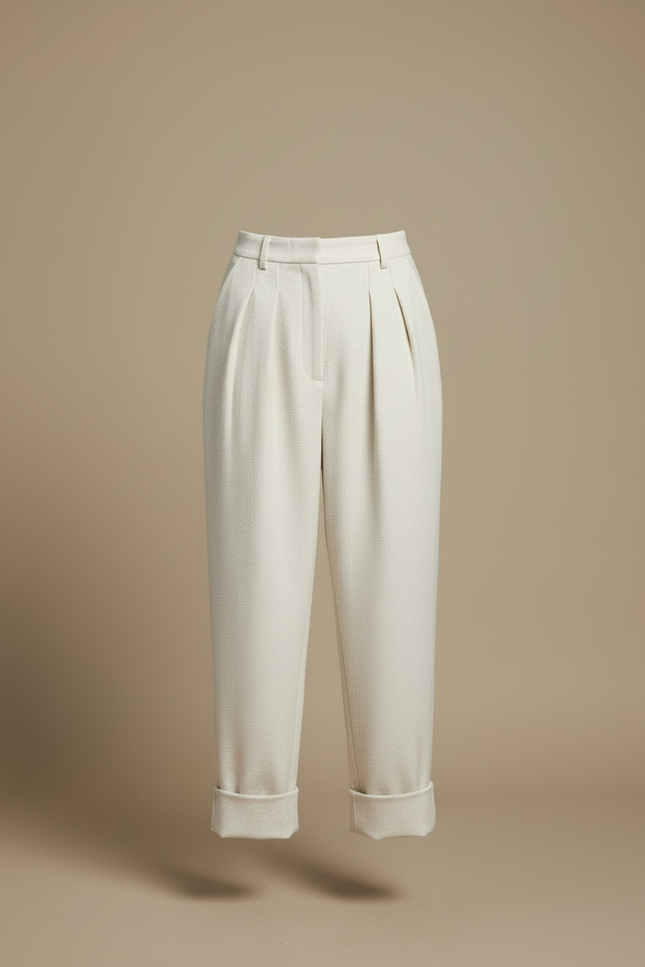 Pantalon Blanc Ample Plissé Laine Élégant Femme - Beige - vue 3