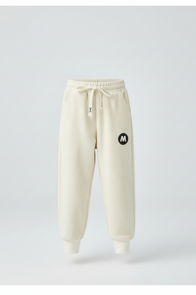 Pantalon Blanc Côtelé Ample Décontracté Enfant Logo - Beige Cordé - vue 3