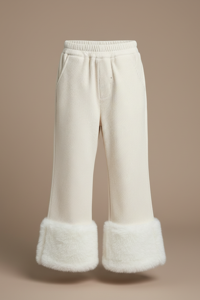 Pantalon Blanc Côtelé Évasé Fourrure Confortable Fille - Beige Cordé - vue 3
