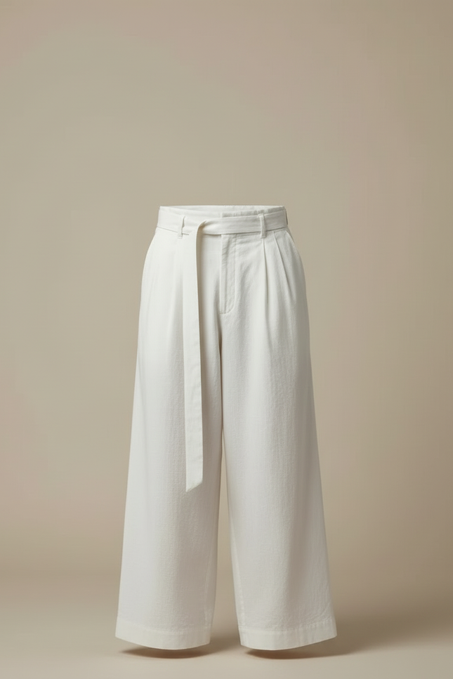 Pantalon Blanc Ample Plissé Coton Lin Ceinturé - vue 3
