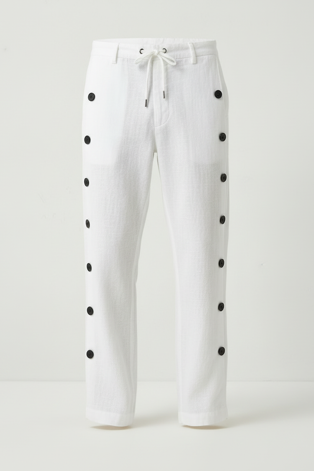 Pantalon Blanc Lin Boutons Latéraux Décontracté Homme - vue 3