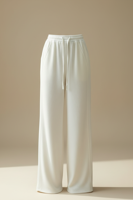 Pantalon Blanc Ample, Fluide, Côtelé, Décontracté - Maille - vue 3