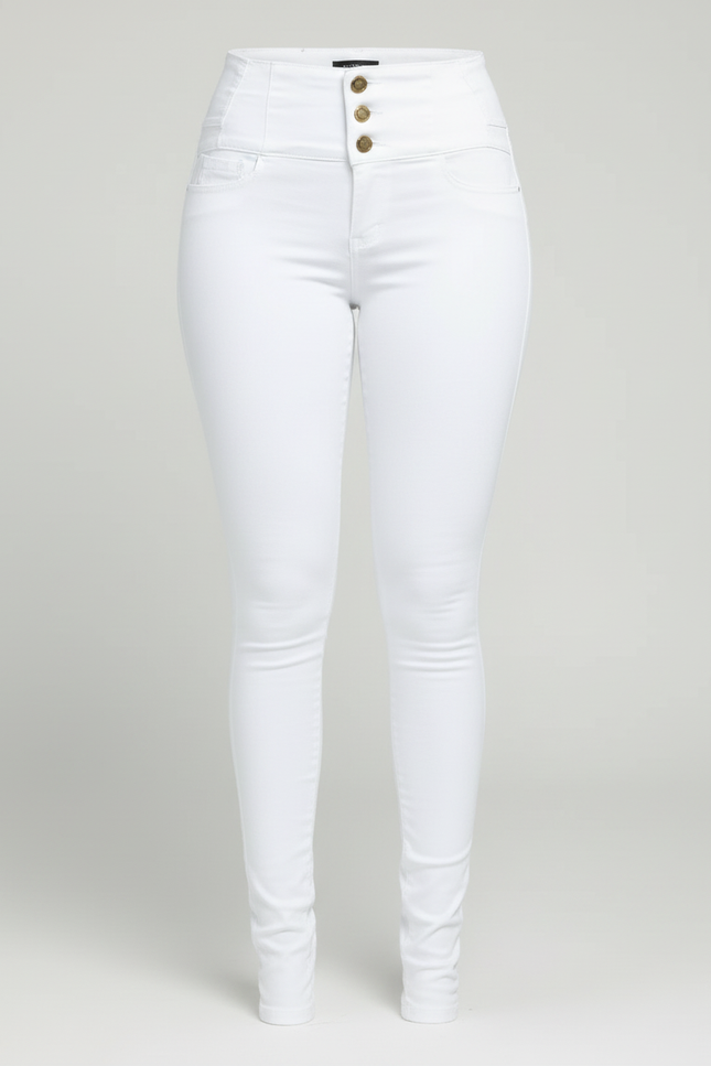 Pantalon Blanc Skinny Taille Haute Boutons - Jean - vue 3