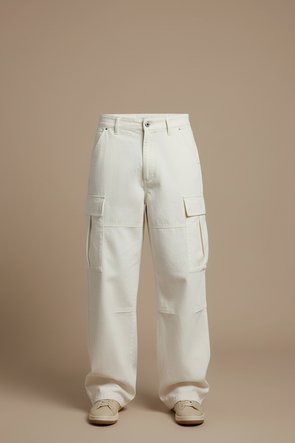 Pantalon Blanc Cargo Ample Coton Décontracté - Beige Toile - vue 3